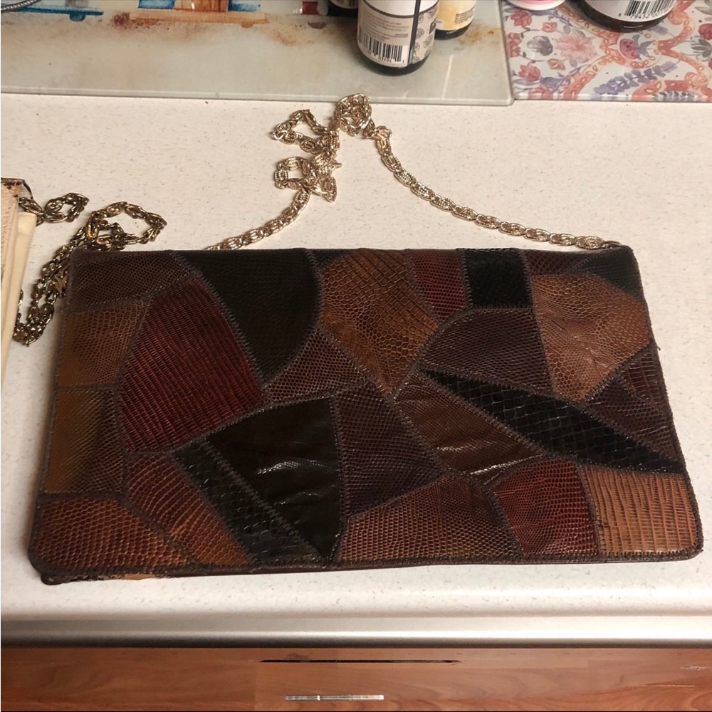 Vintage Bags By Supreme Snake Skin Genuine Leather Brown Clutch Bag